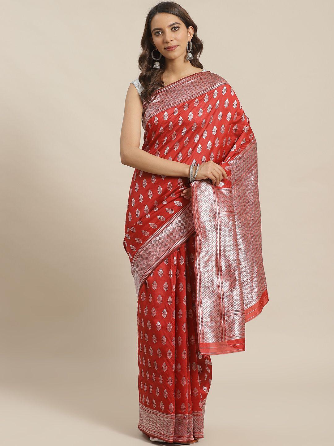 shaily red & silver zari woven design saree