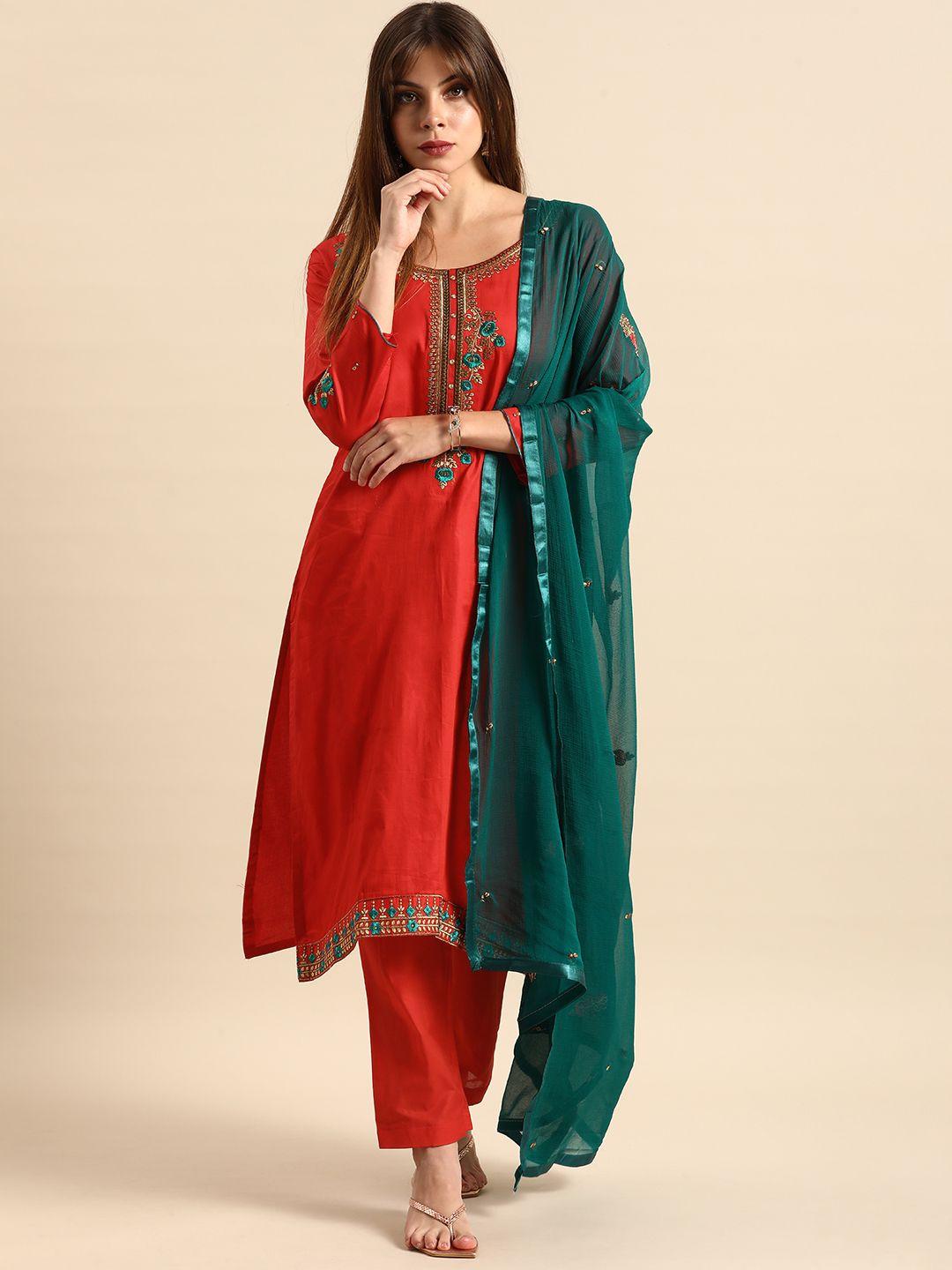 shaily red & teal green embroidered pure cotton unstitched dress material