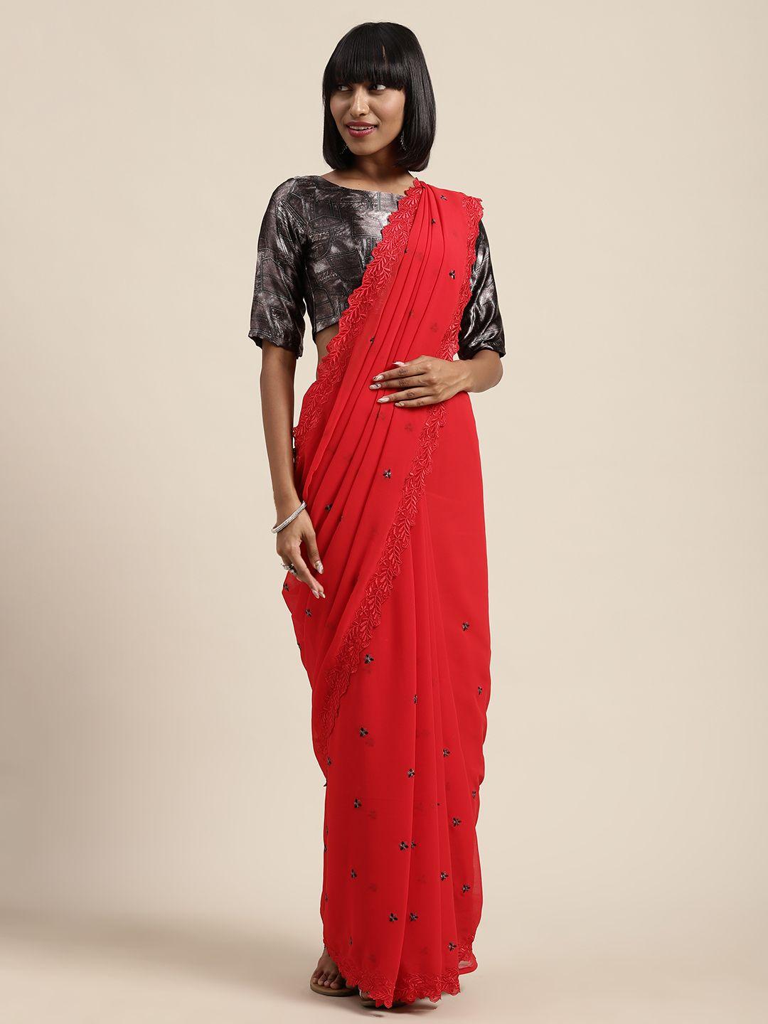 shaily red embroidered poly georgette saree