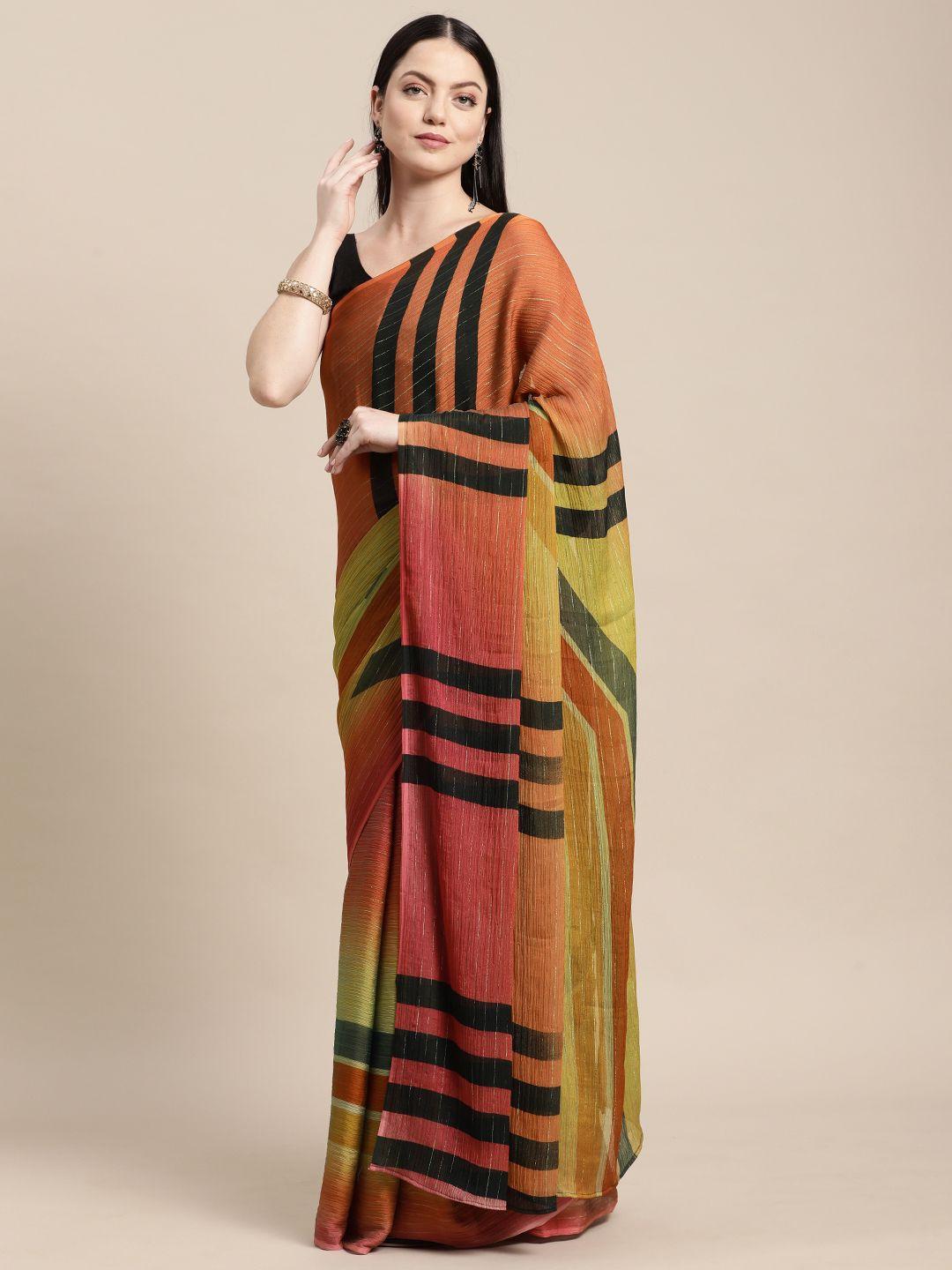 shaily rust orange & black striped zari pure chiffon saree