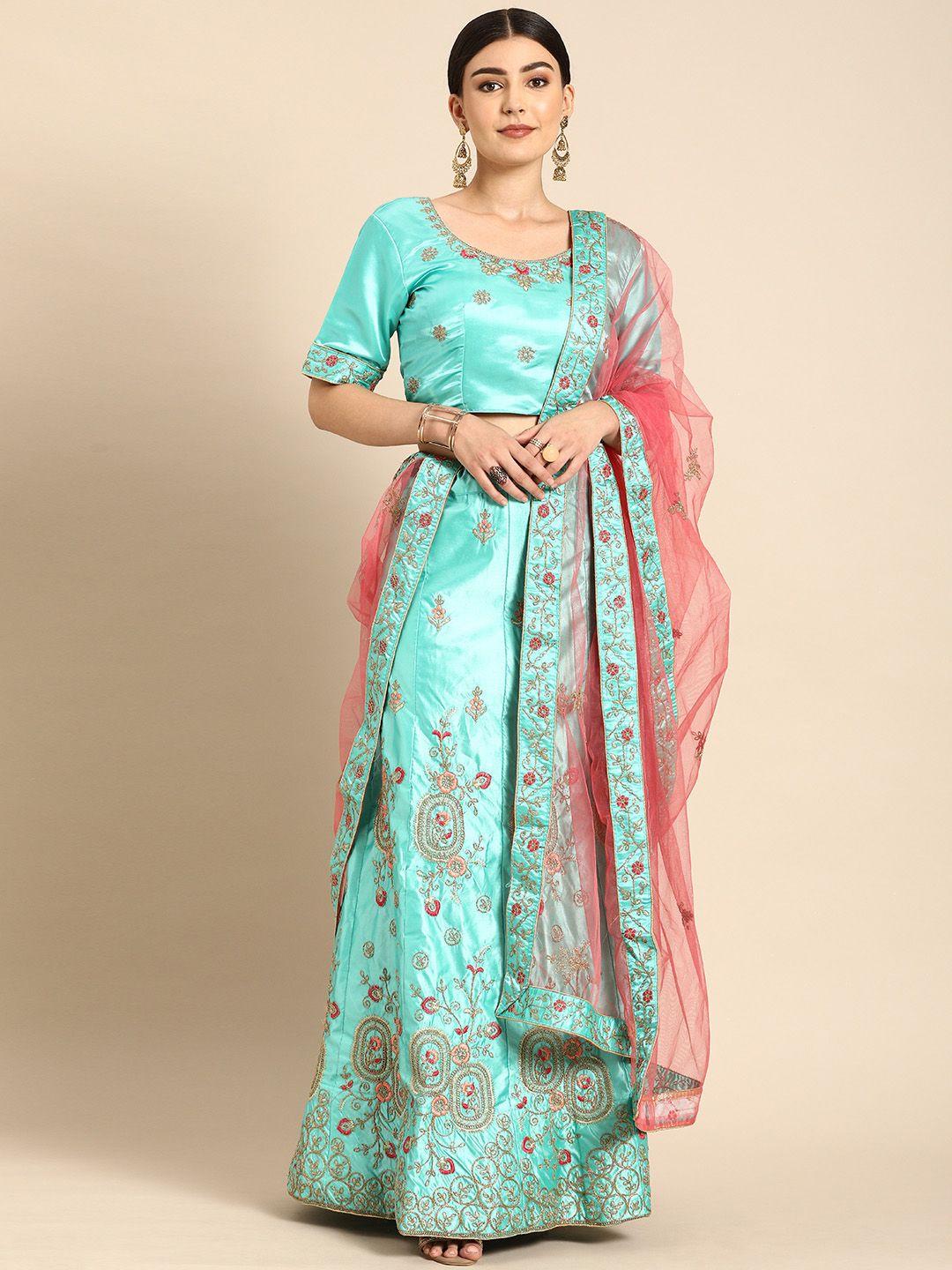 shaily sea green & pink embroidered semi-stitched lehenga & unstitched blouse with dupatta