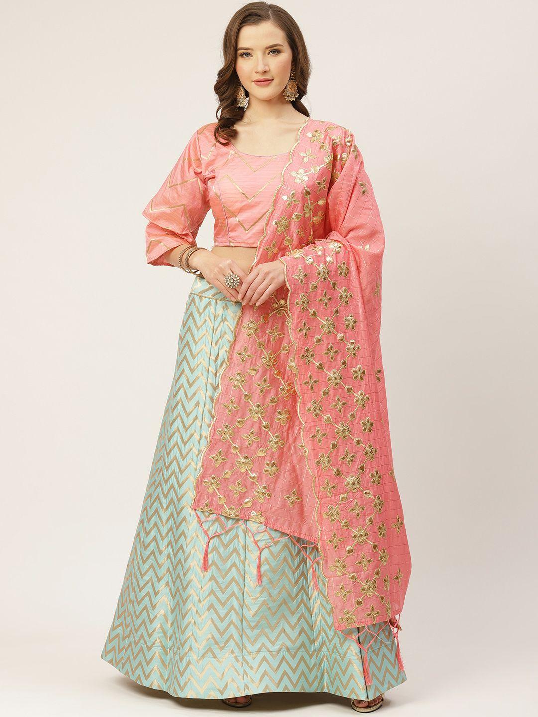 shaily sea green & pink woven design semi-stitched lehenga & blouse with dupatta