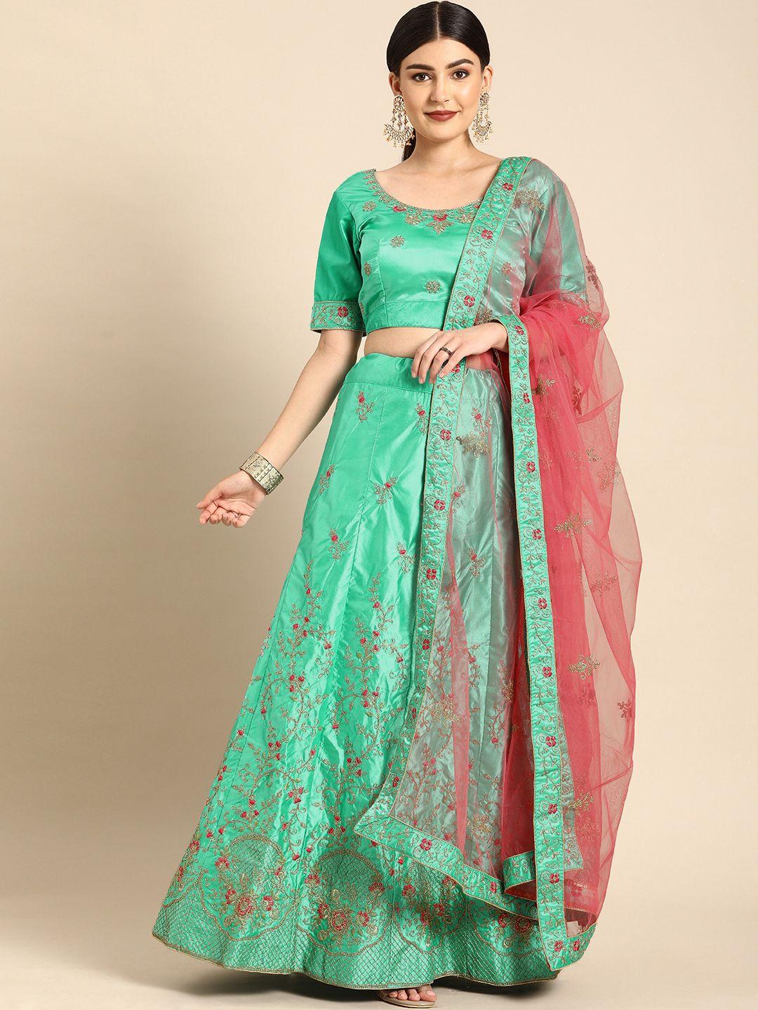 shaily sea green & red embroidered semi-stitched lehenga & unstitched blouse with dupatta