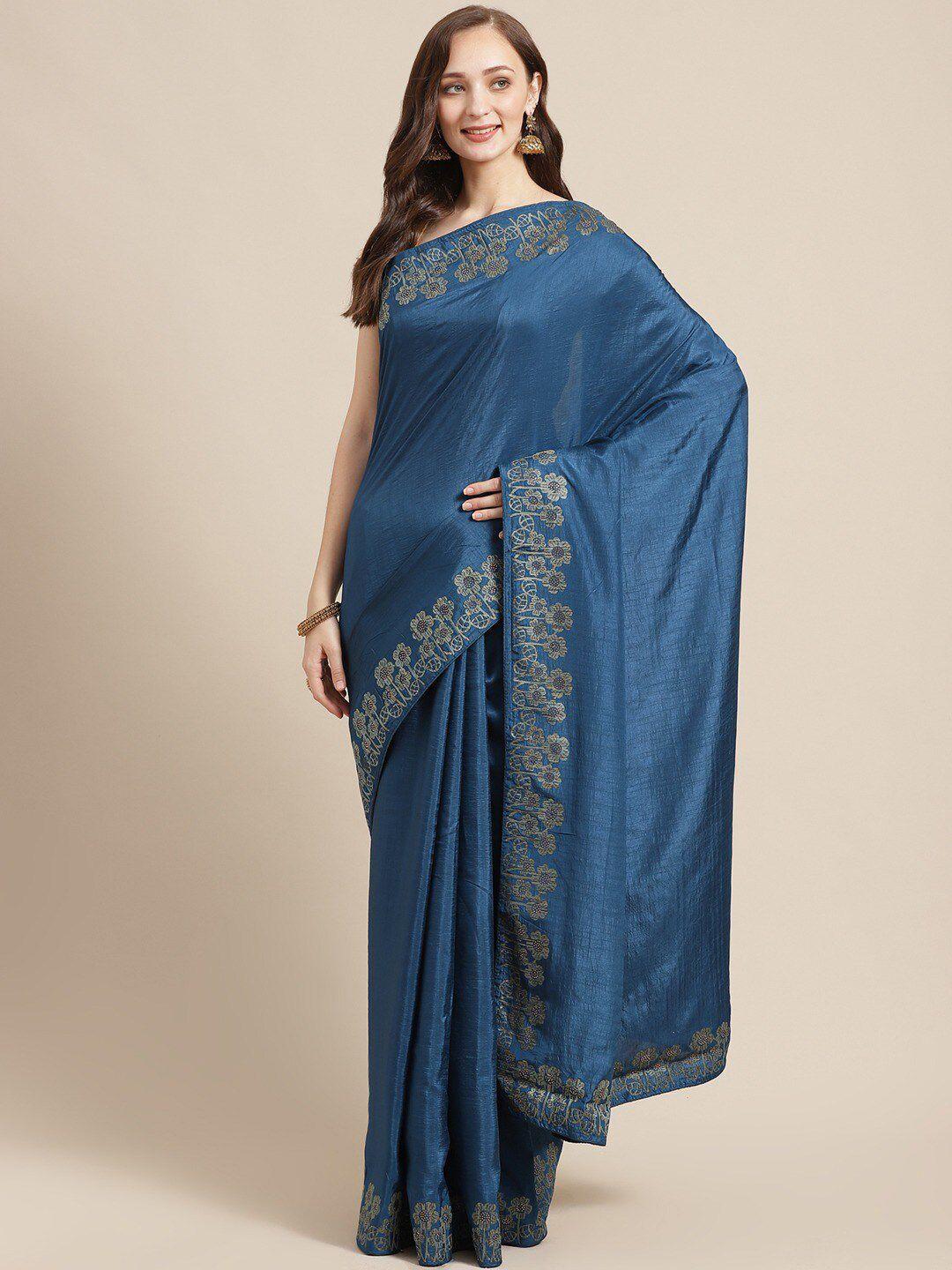 shaily teal blue & gold-toned beads & stones pure georgette saree
