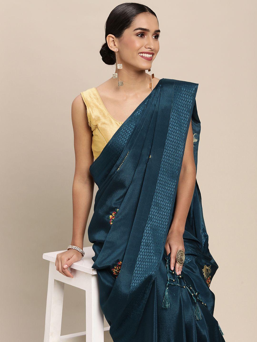 shaily teal blue pure chiffon floral embroidered saree