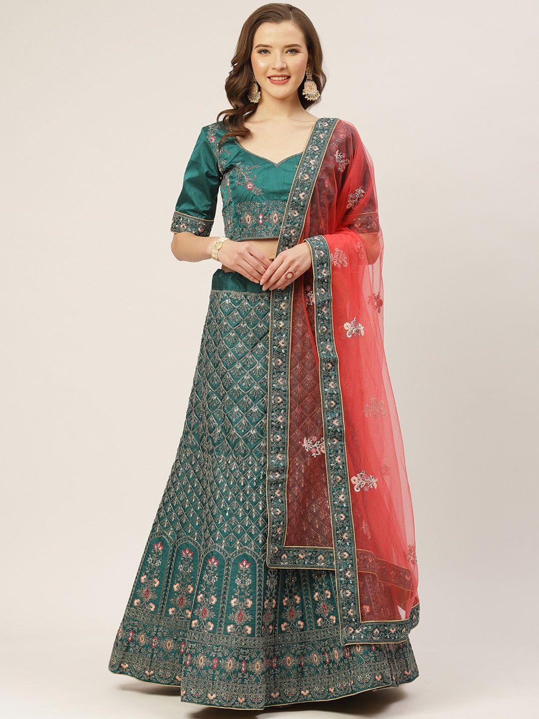 shaily teal green & red embroidered semi-stitched lehenga & unstitched blouse with dupatta