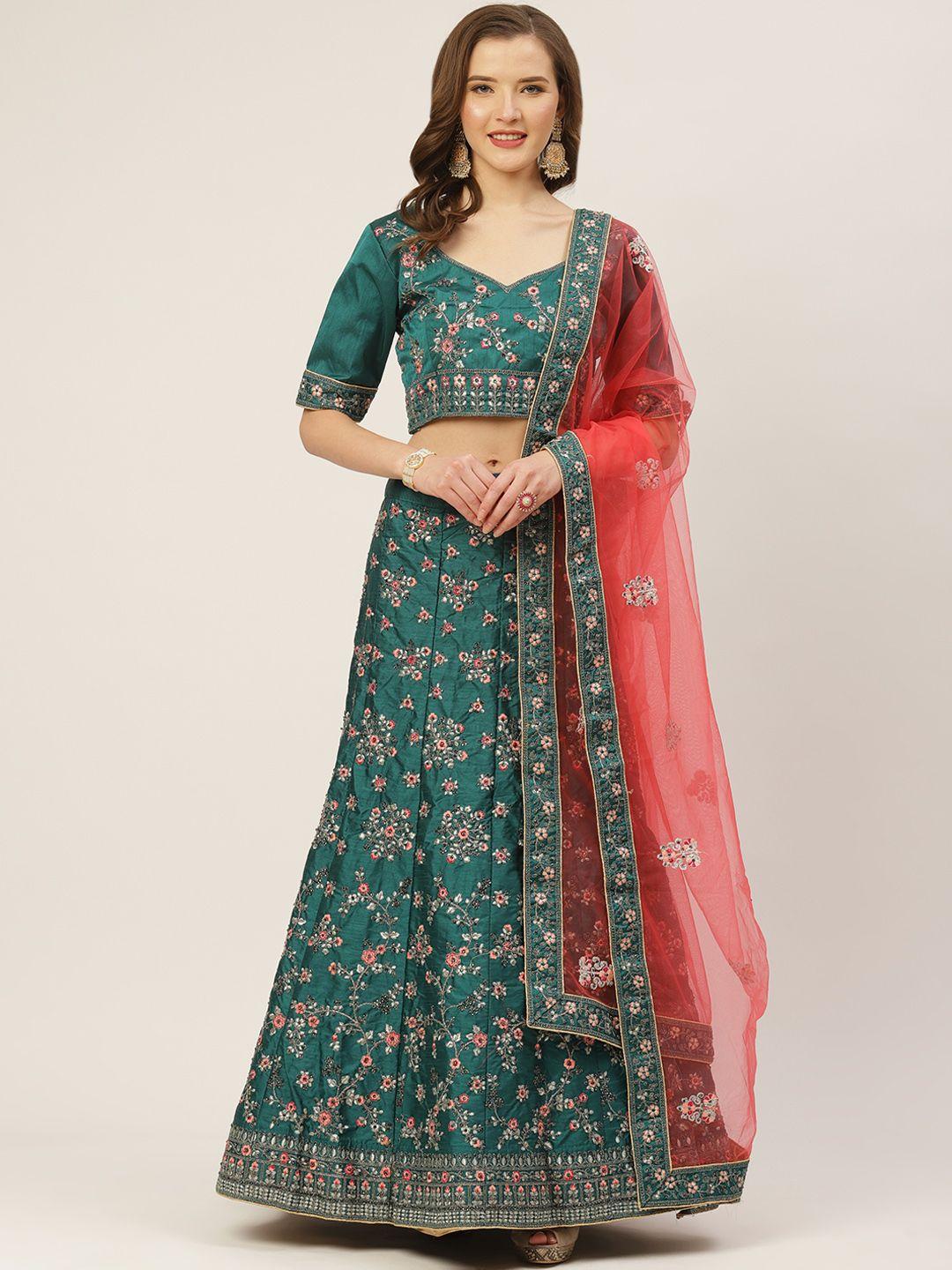 shaily teal green embroidered semi-stitched lehenga & unstitched blouse with dupatta