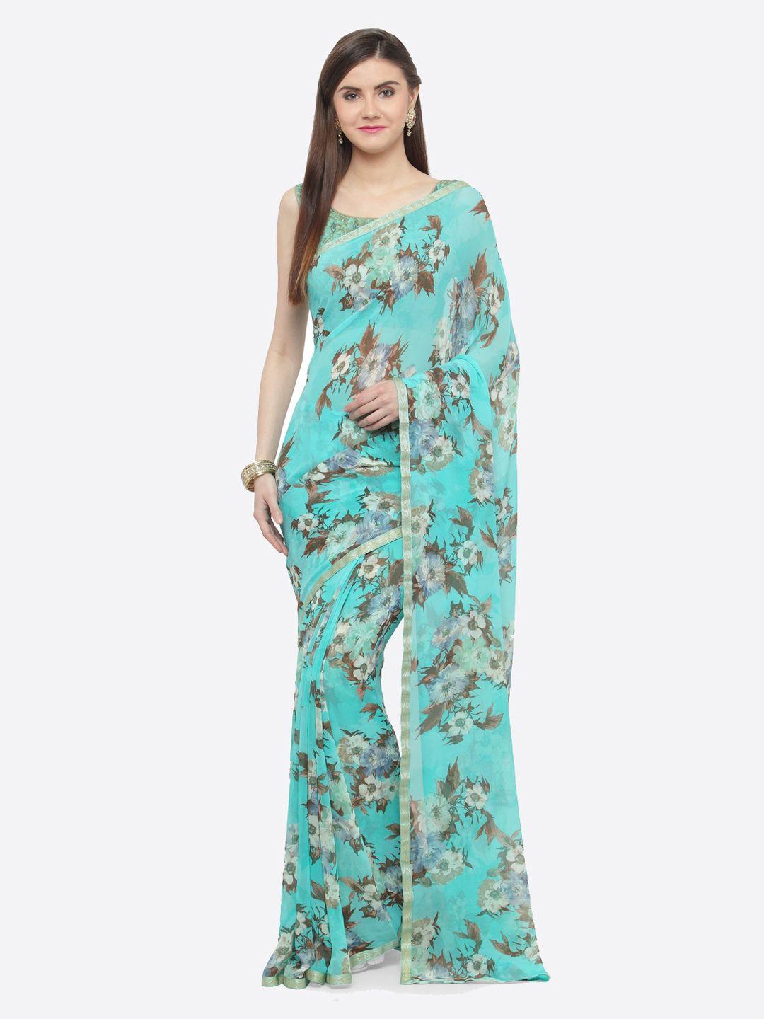 shaily turquoise blue & grey pure georgette printed saree