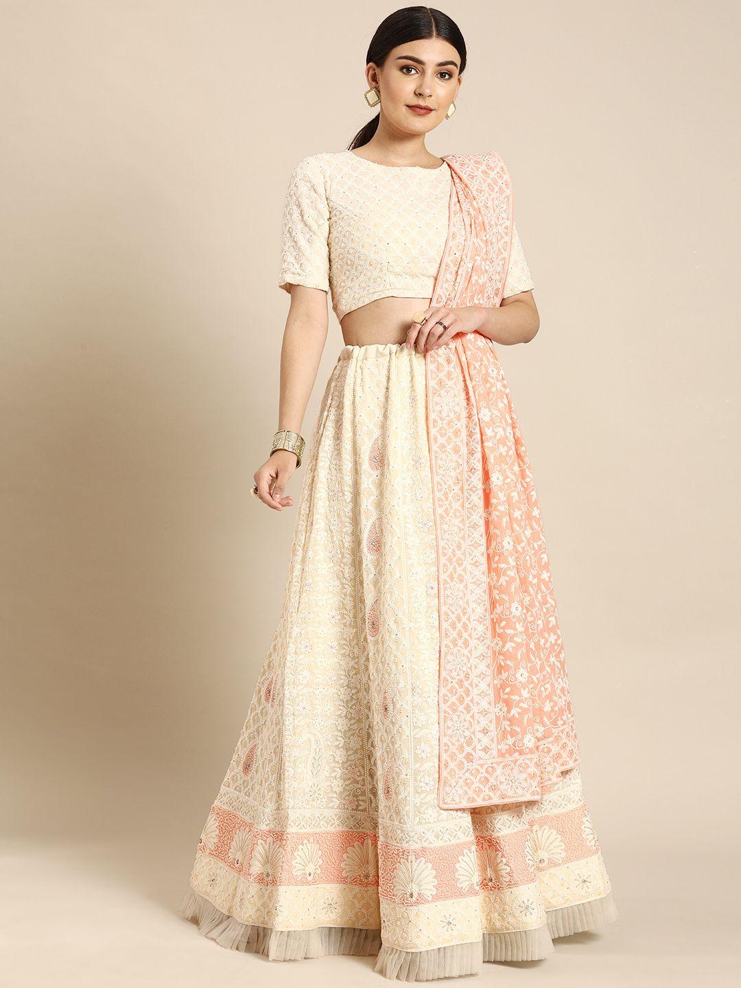 shaily white & pink embroidered unstitched lehenga & blouse with dupatta