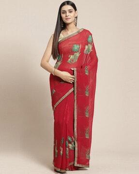 shaily women's red georgette printed saree