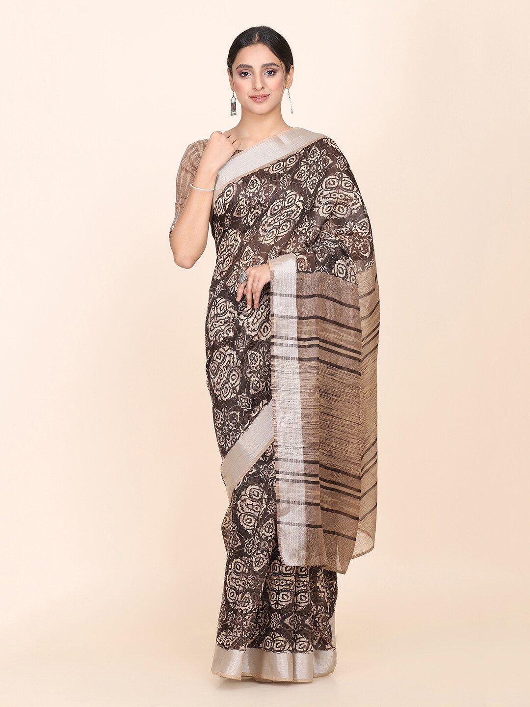 shaily women brown & beige ethnic motifs printed saree