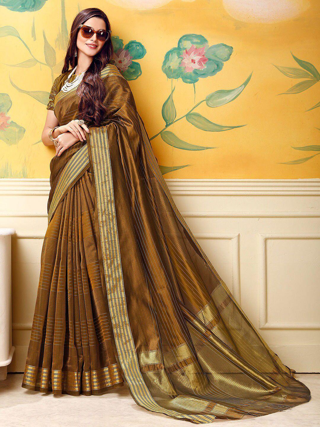 shaily women brown & gold-toned striped zari silk blend saree