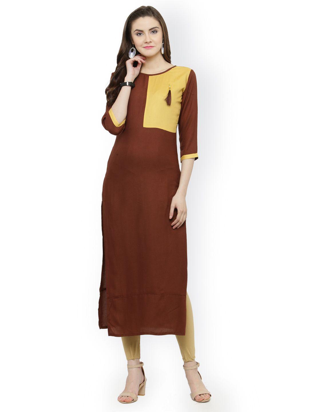 shaily women brown & yellow colourblocked straight kurta