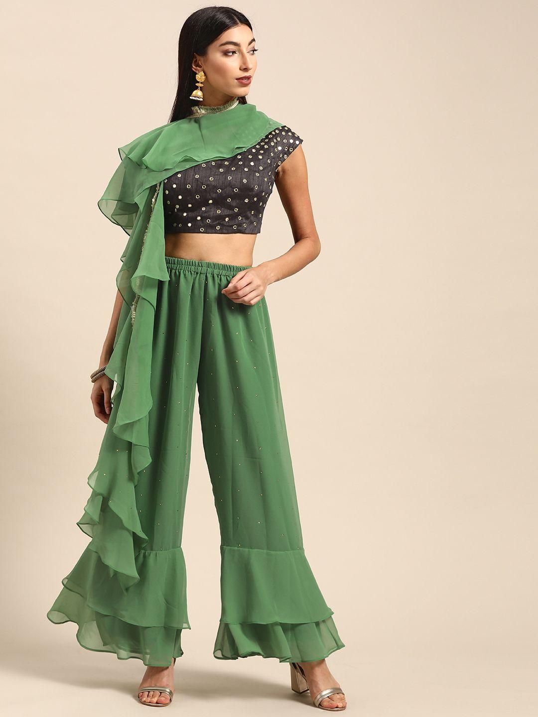 shaily women charcoal grey & green mirror-work top with palazzos & dupatta