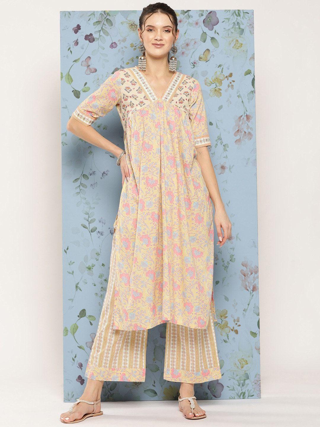 shaily women floral printed regular kurta with trousers