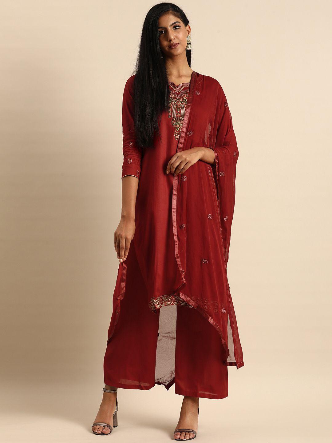shaily women maroon ethnic motifs embroidered pure cotton unstitched dress material