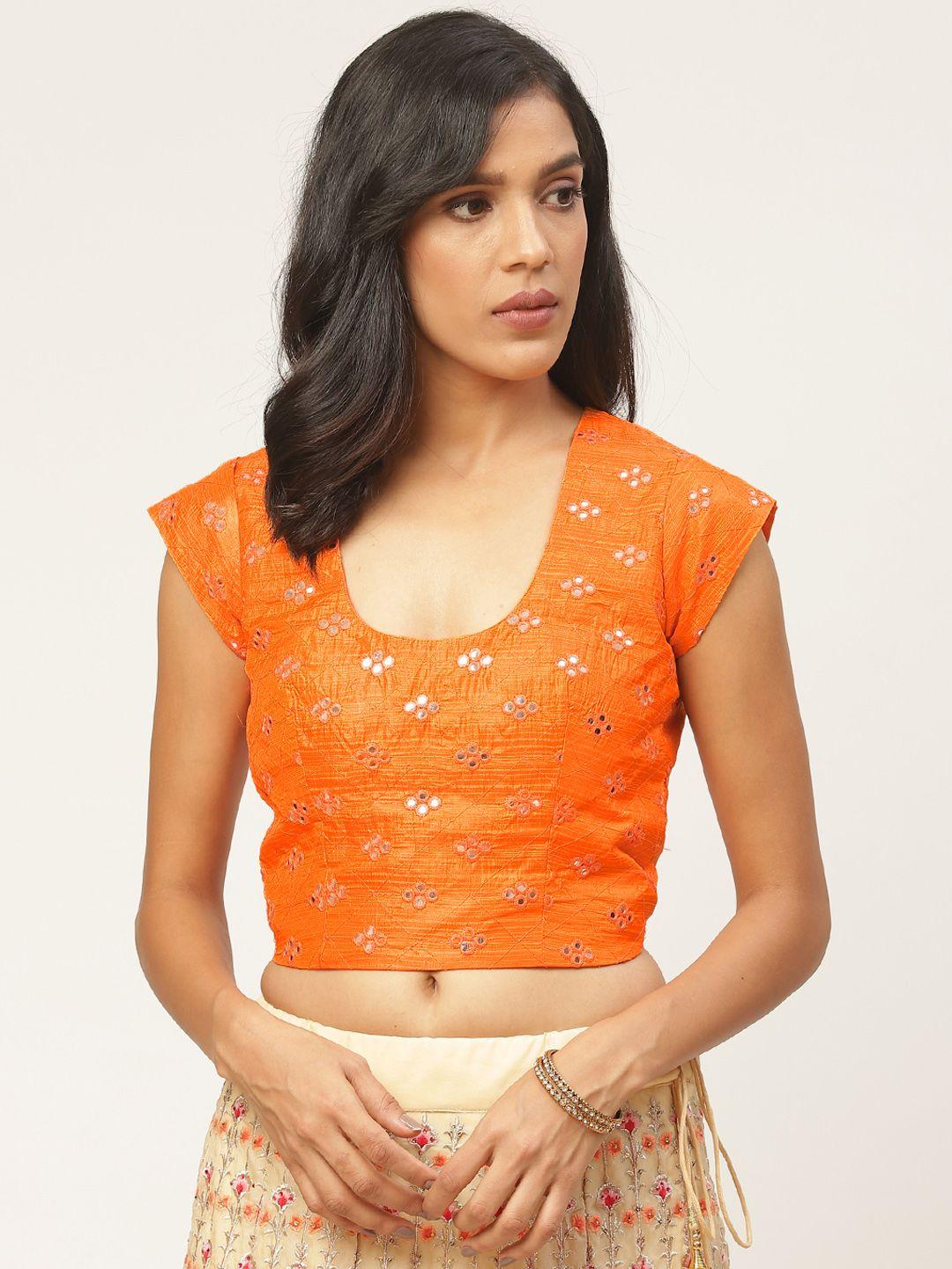 shaily women orange mirror work saree blouse