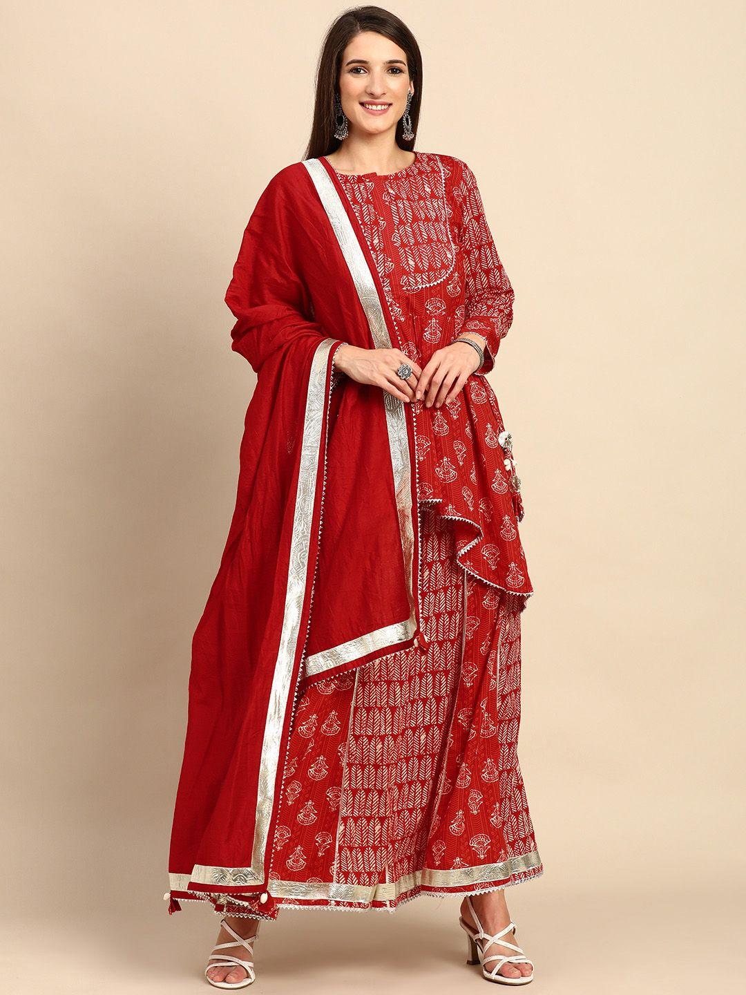 shaily women red & white printed gotta patti pure cotton kurta with palazzos & dupatta