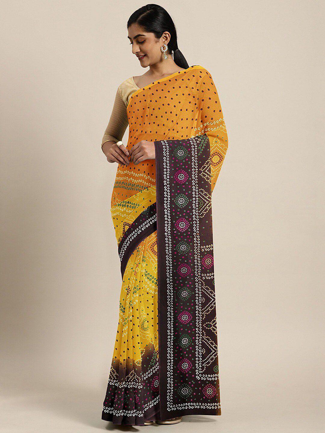 shaily yellow & brown bandhani pure georgette saree