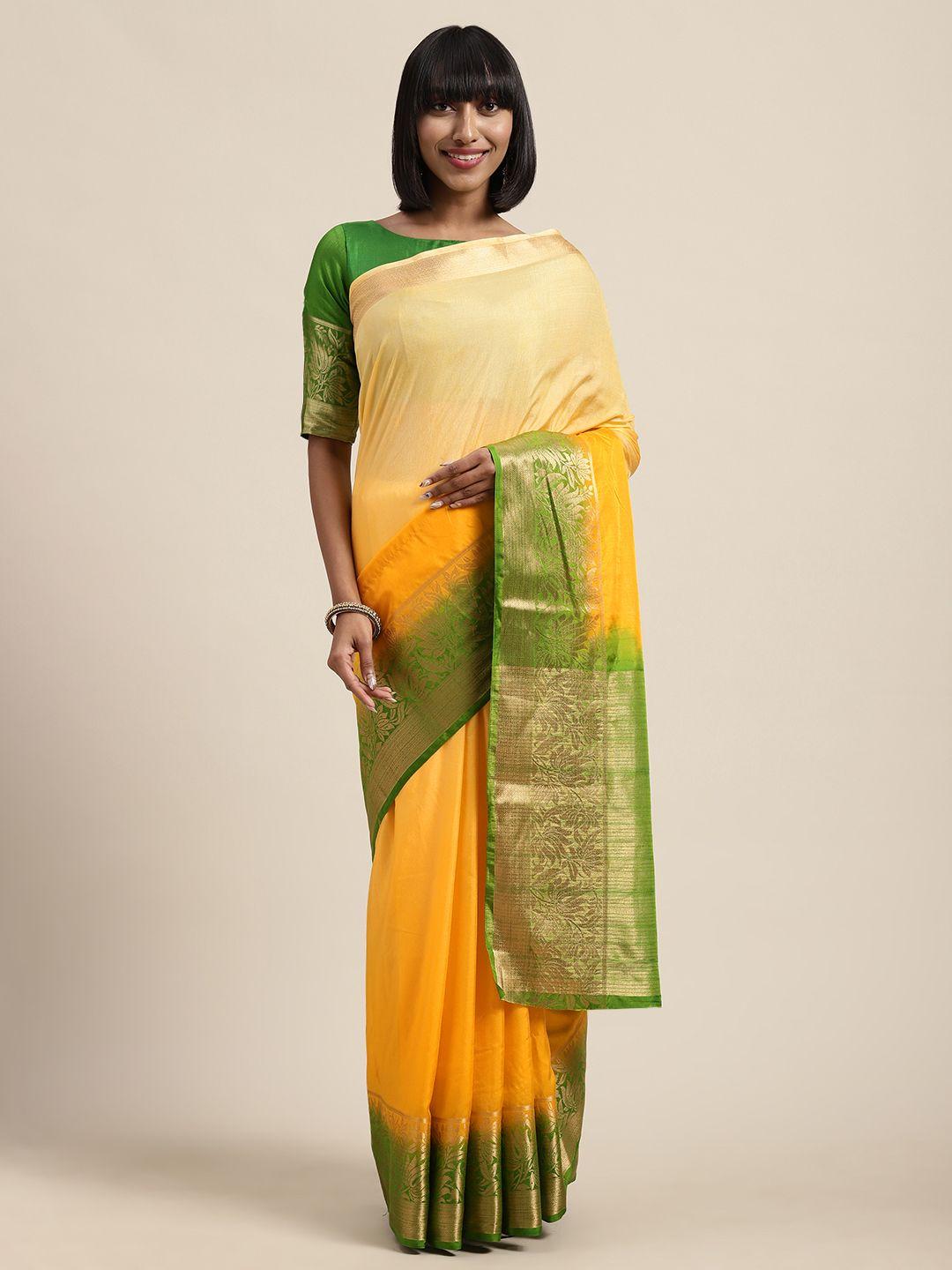 shaily yellow & green silk blend solid saree