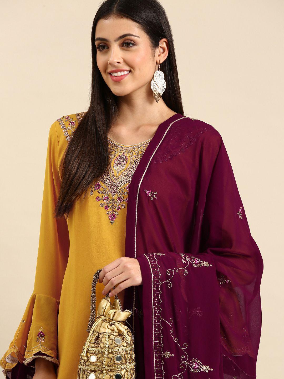 shaily yellow & maroon embroidered silk georgette unstitched dress material