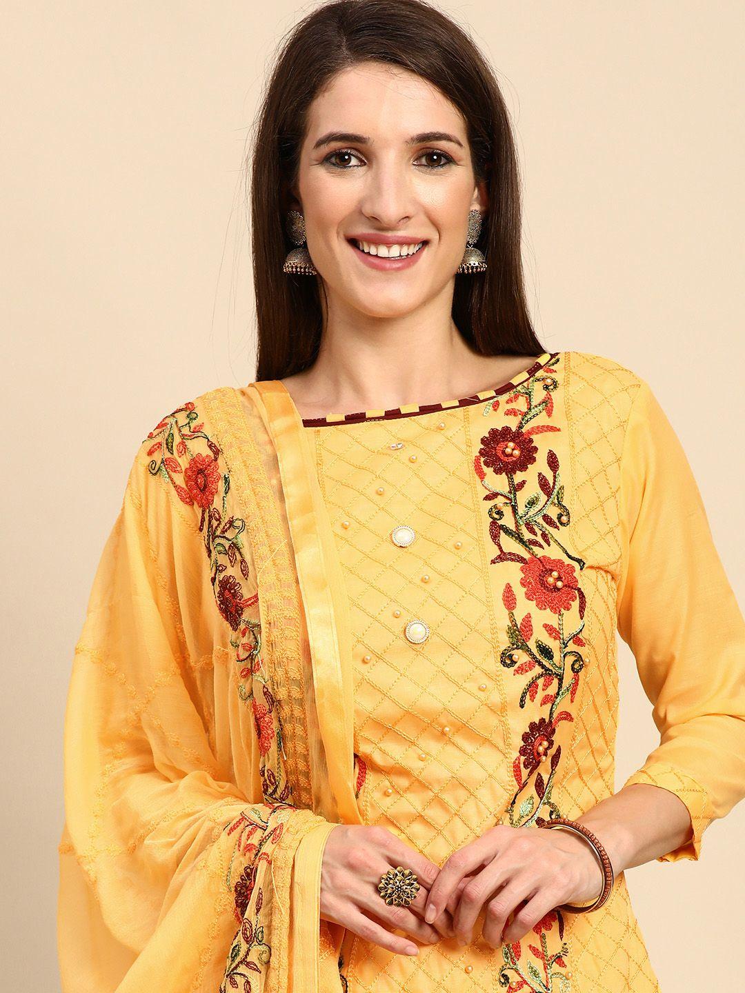 shaily yellow & orange embroidered unstitched dress material