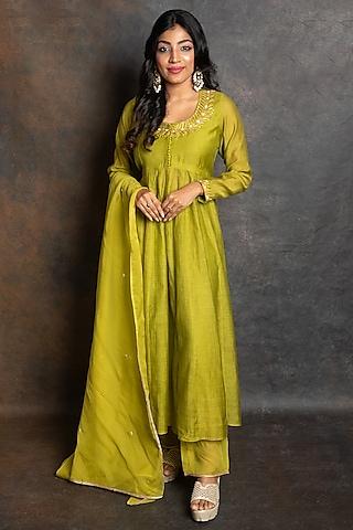 shamrock green chanderi embellished anarkali set