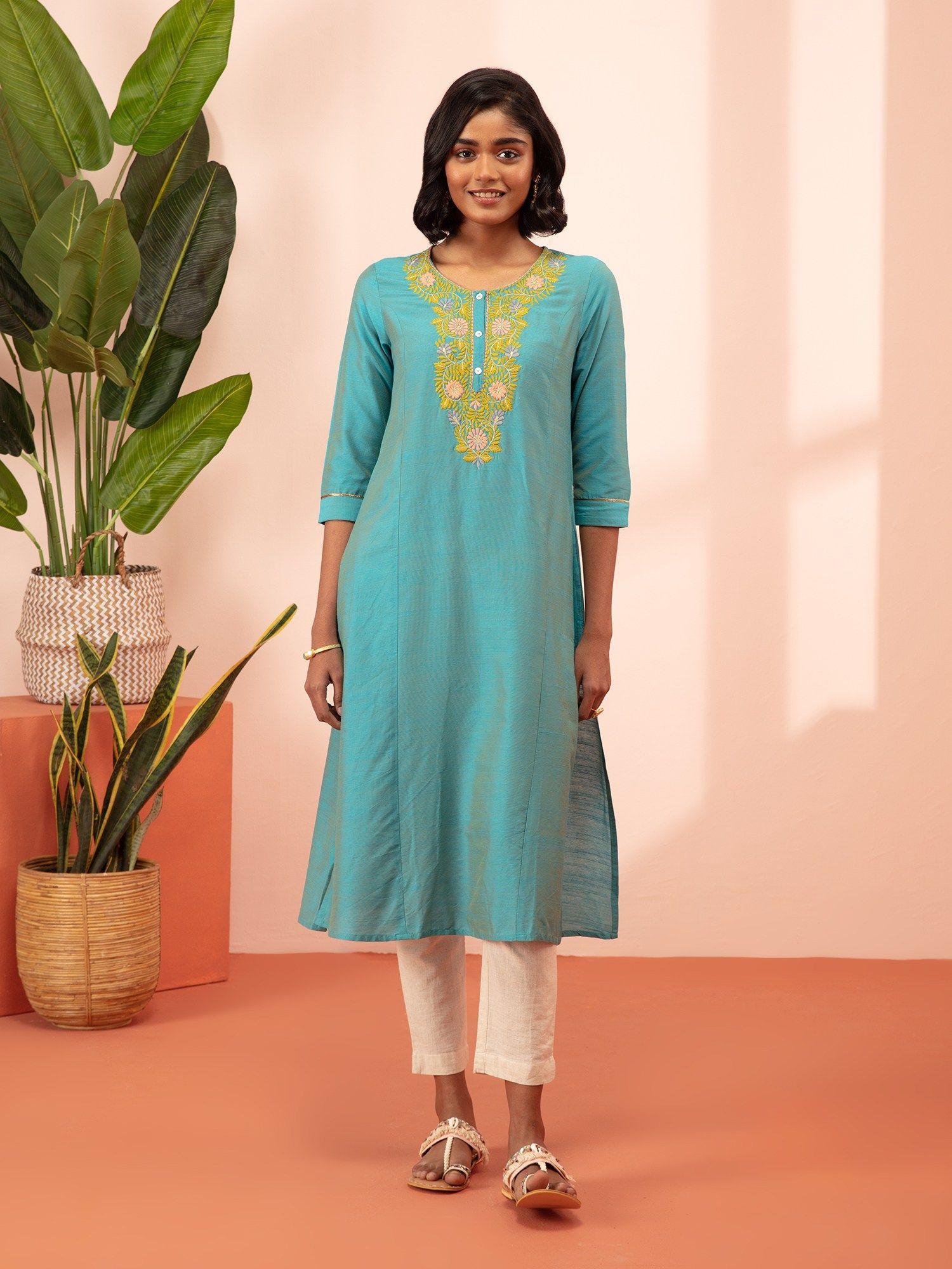 shan-e-avadh blue floral embroidered straight kurta likkur145