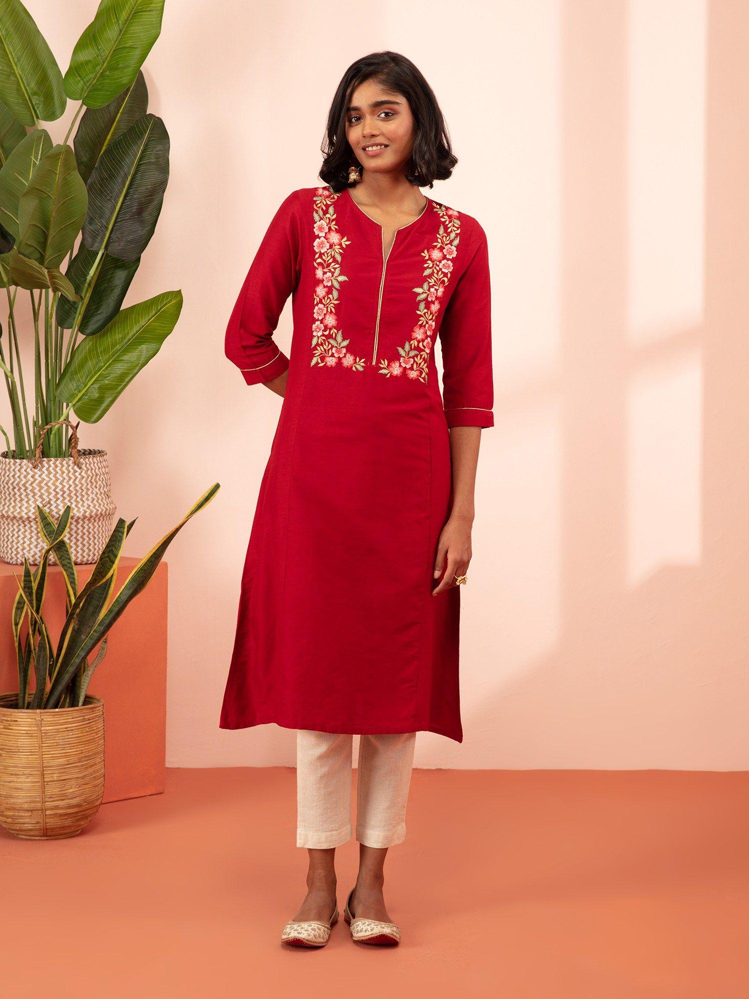 shan-e-avadh red floral embroidered straight kurta likkur146