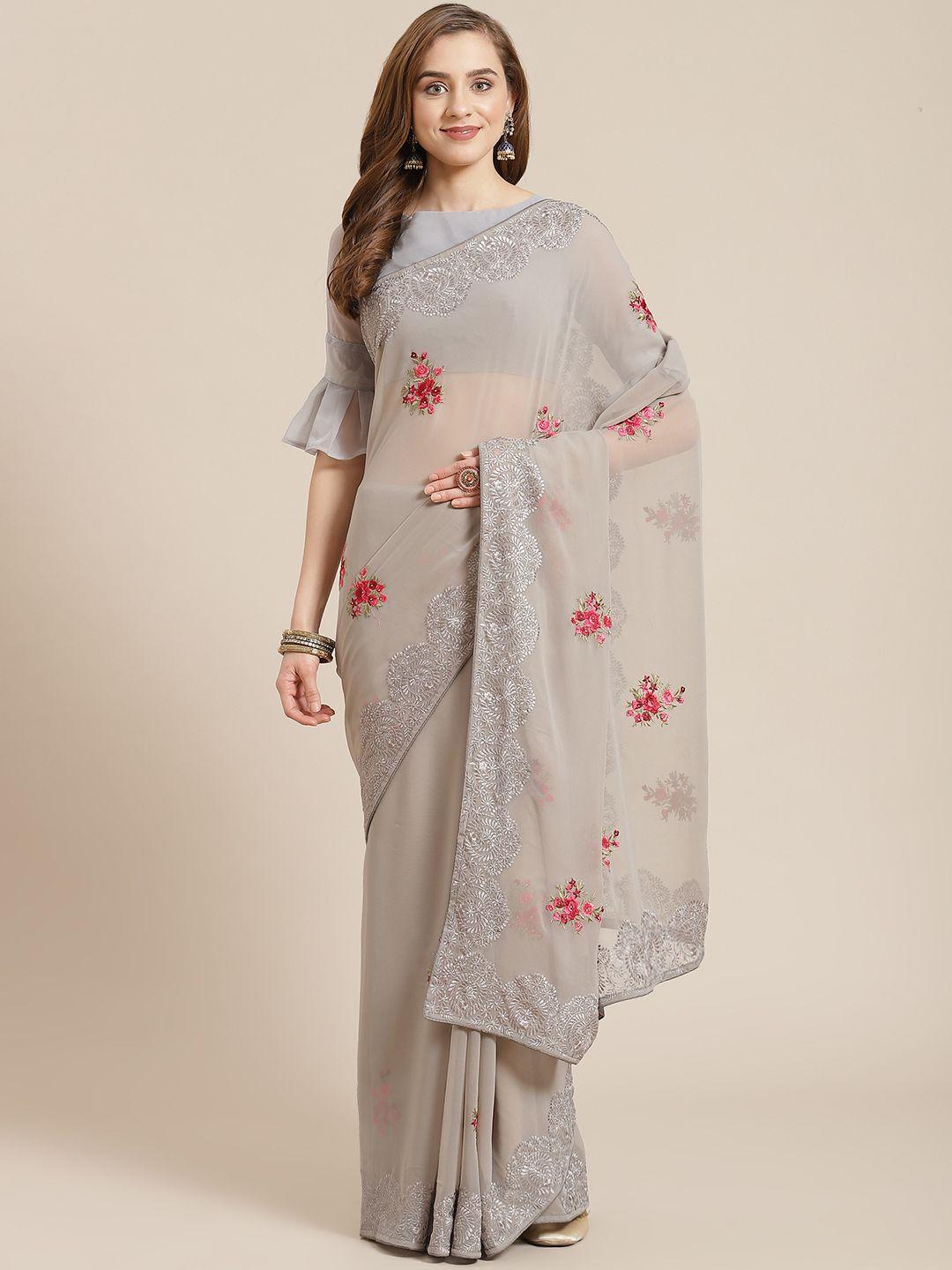 shangrila grey floral embroidered pure georgette saree