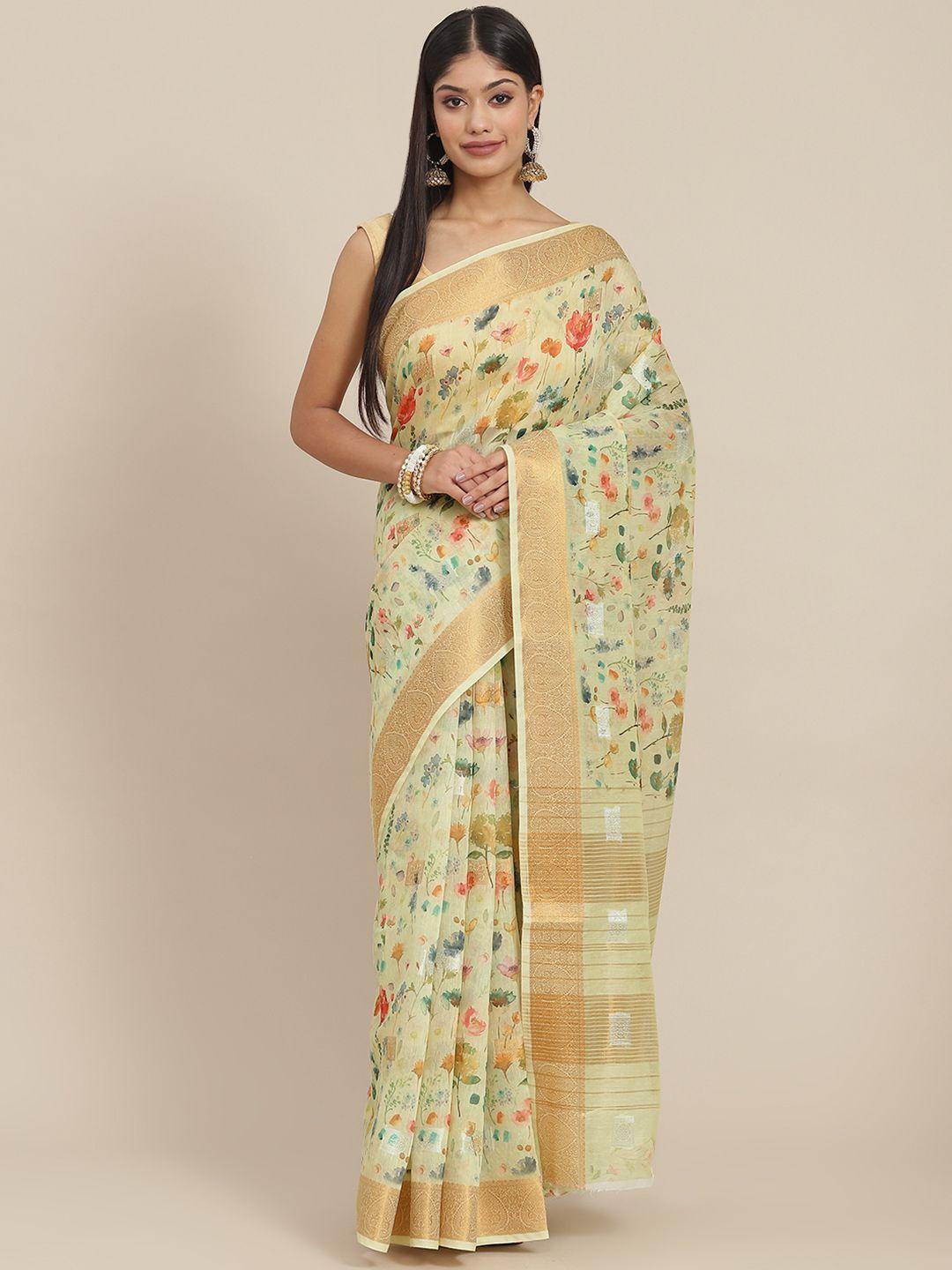shangrila lime green floral linen blend ready to wear saree