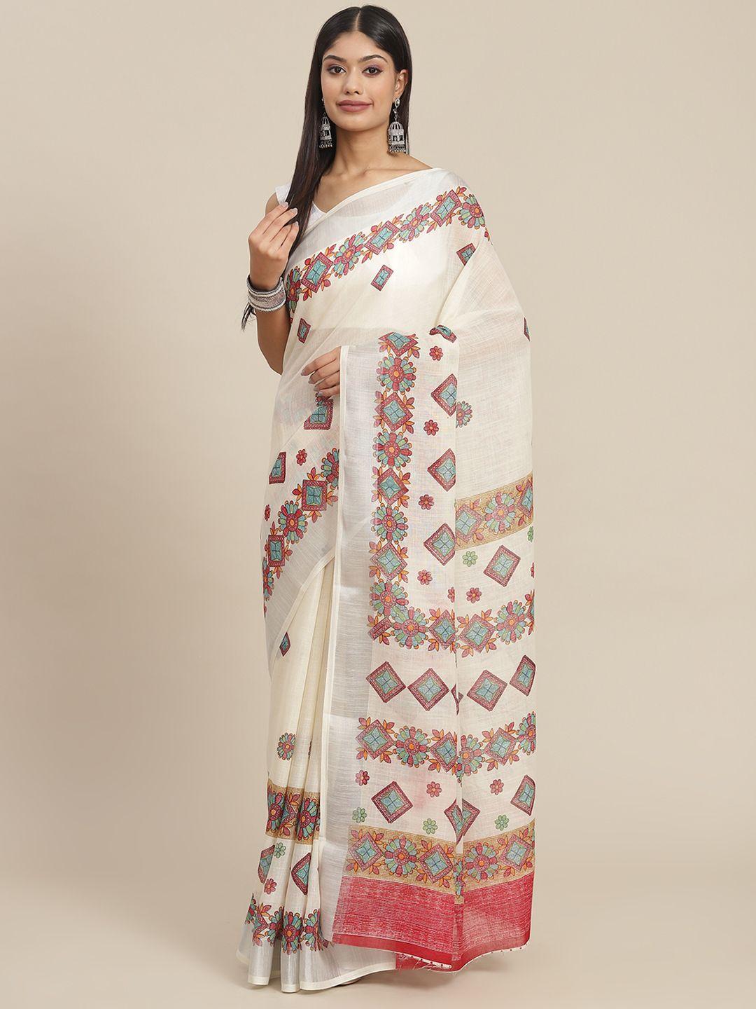 shangrila off white batik linen blend ready to wear ikat saree