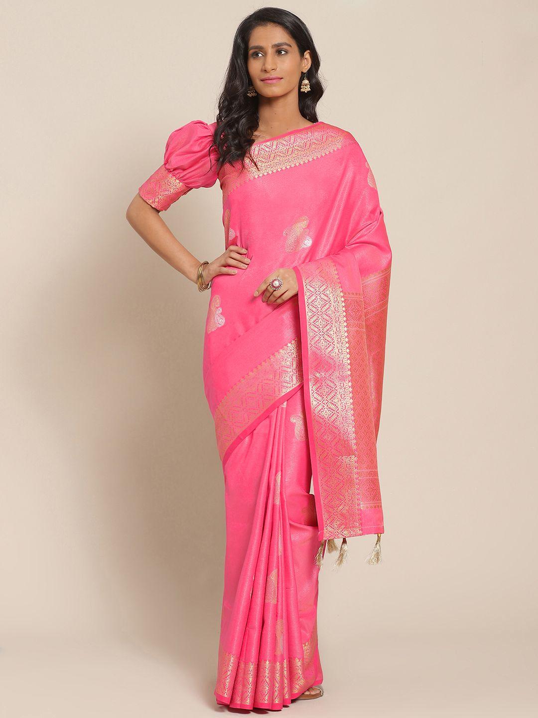 shangrila pink & golden paisley brasso woven design saree