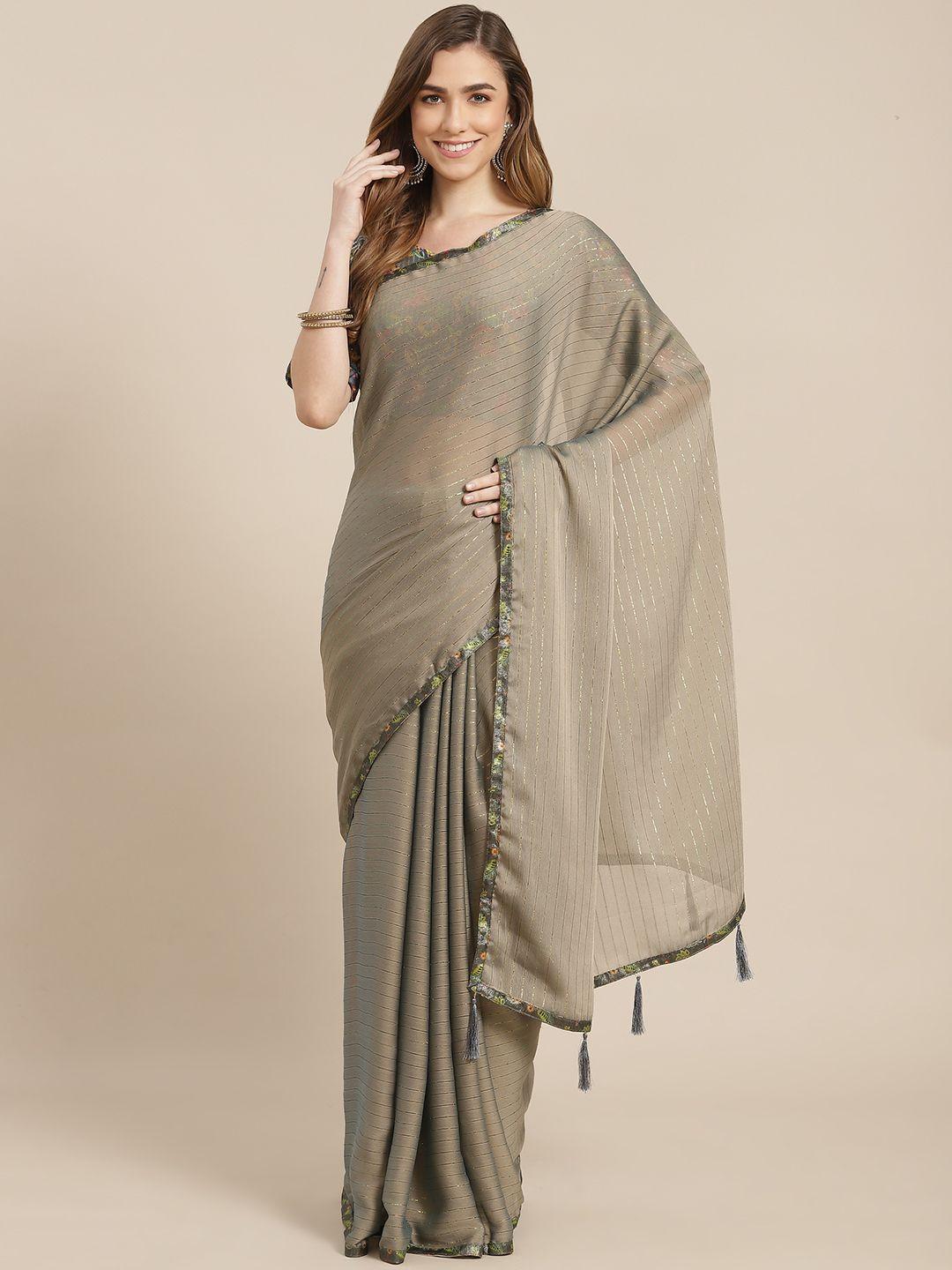 shangrila gunmetal-toned striped pure chiffon ready to wear saree