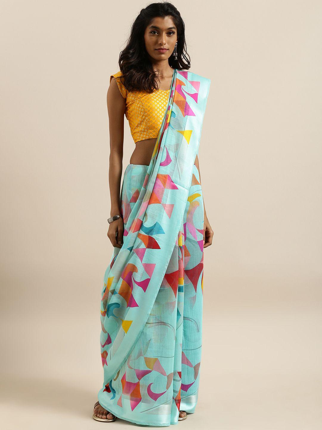 shangrila turquoise blue & pink linen blend printed kota saree