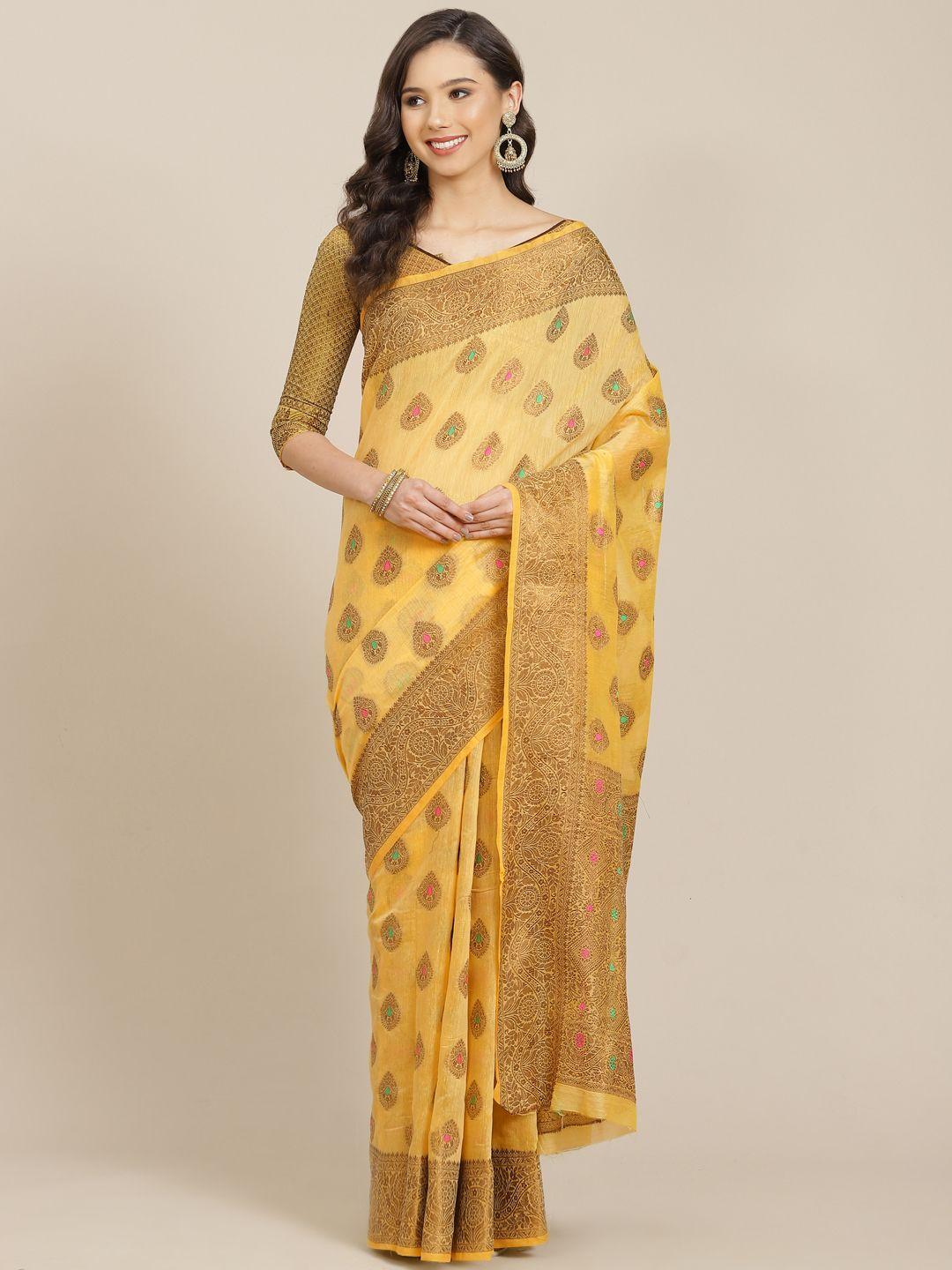 shangrila yellow & golden ethnic woven design kasavu saree