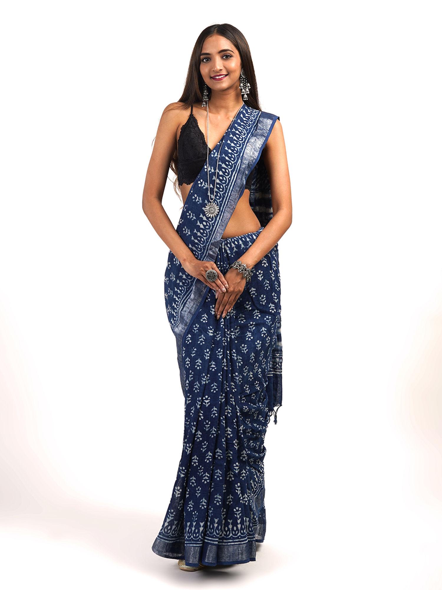 shaniya blue linen saree with unstitched blouse