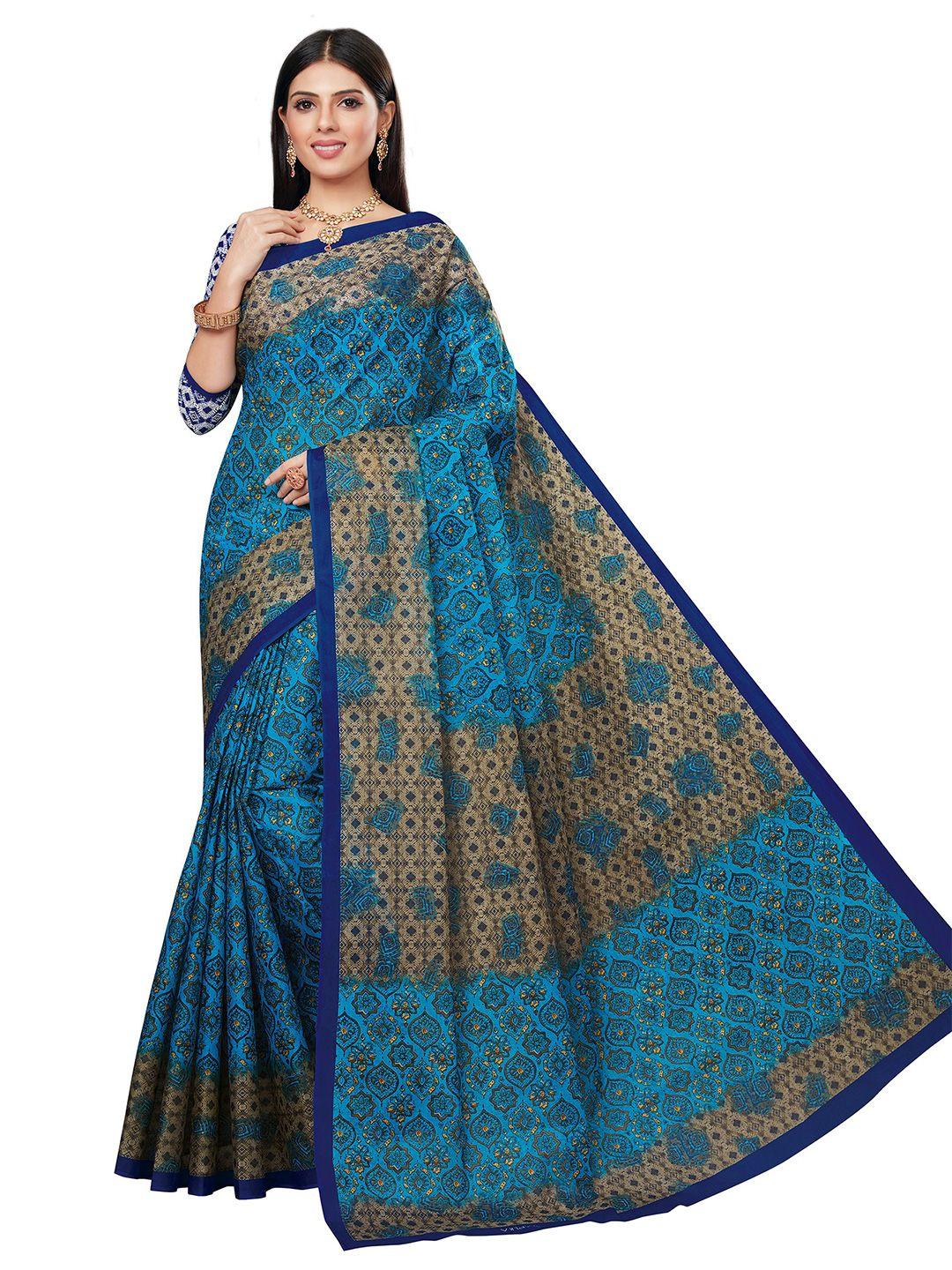 shanvika blue & beige printed pure cotton saree