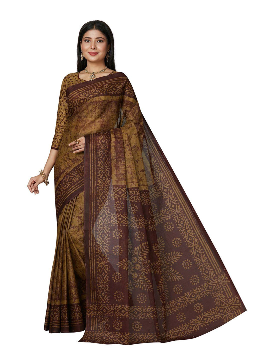 shanvika brown batik pure cotton block print saree
