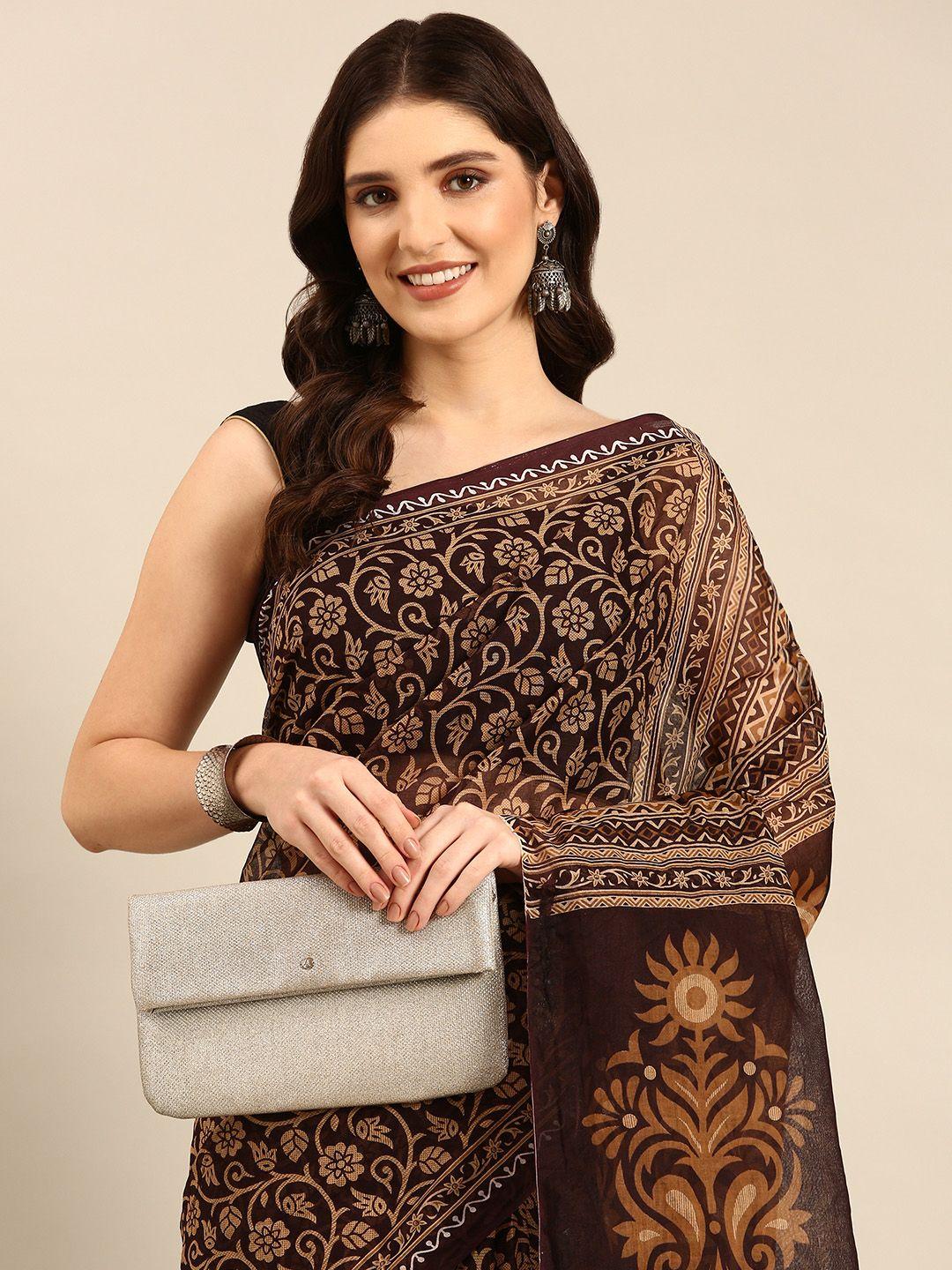 shanvika brown floral pure cotton block print saree