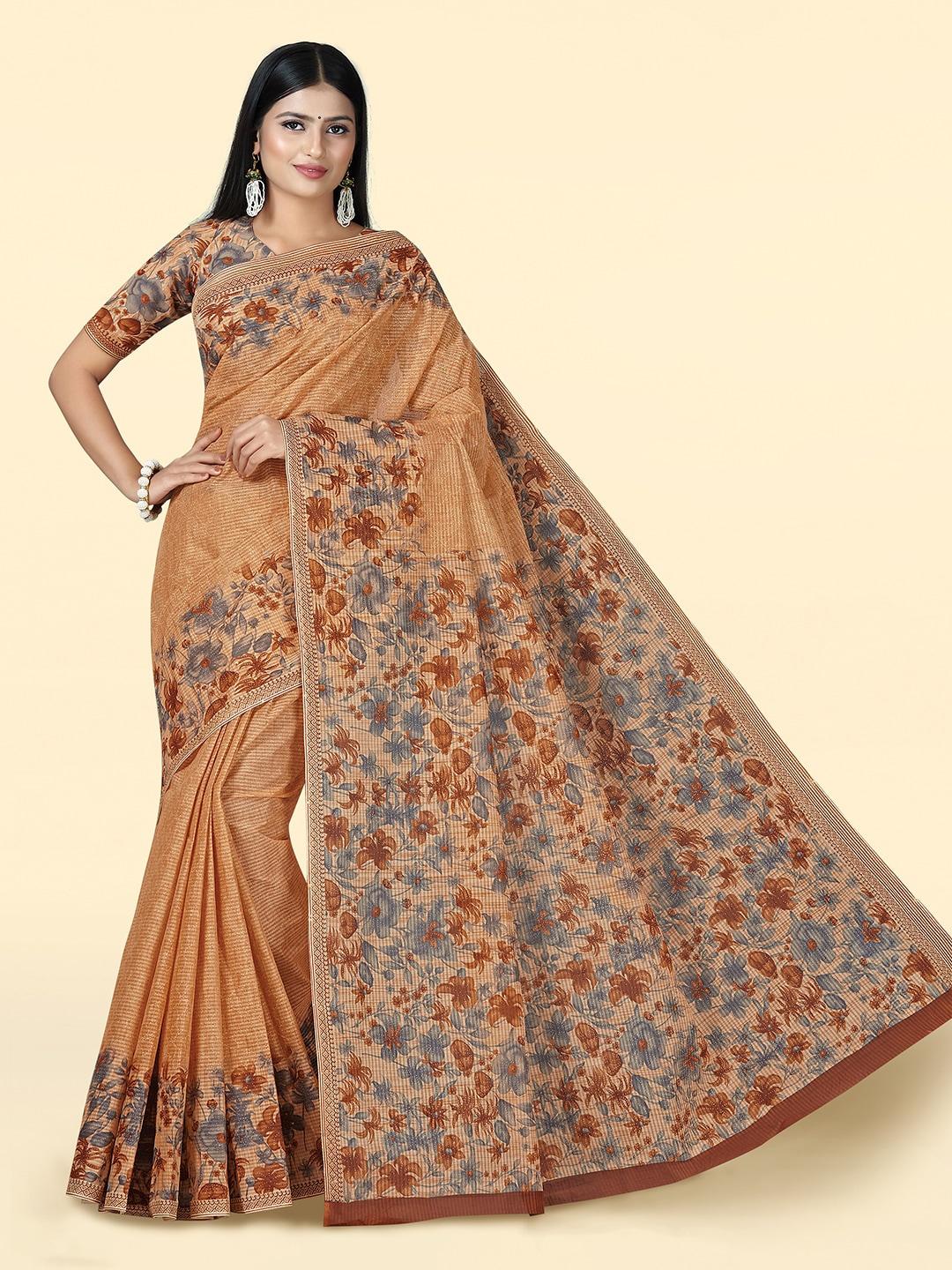 shanvika floral printed pure cotton block print saree