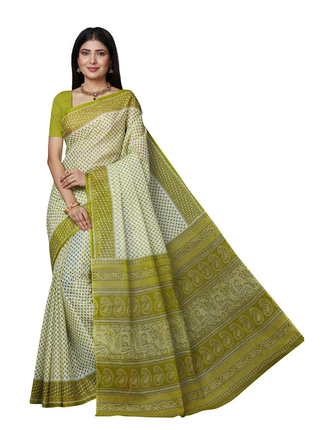 shanvika green & cream-coloured floral pure cotton  block print saree
