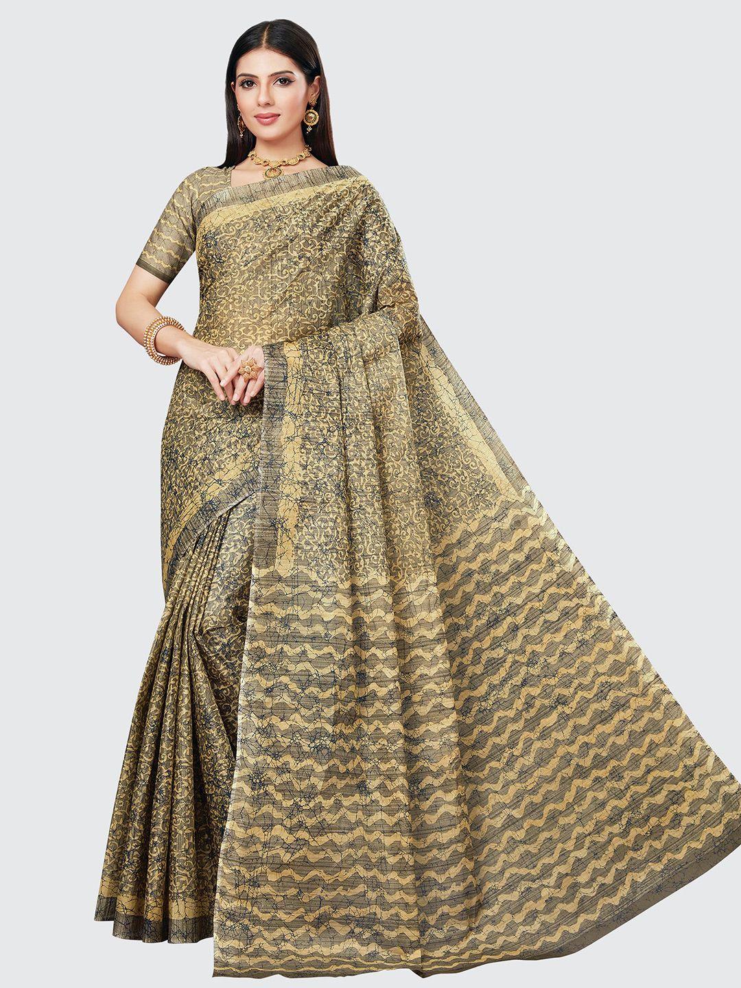 shanvika grey & beige pure cotton ready to wear block print saree