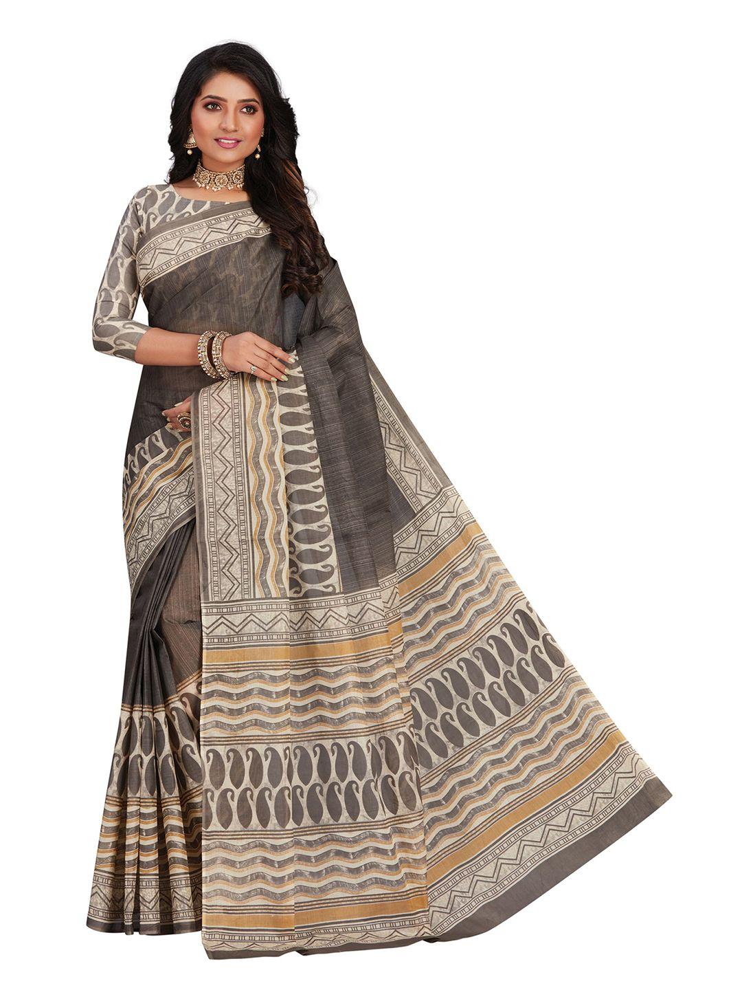 shanvika grey & mustard paisley pure cotton  block print saree