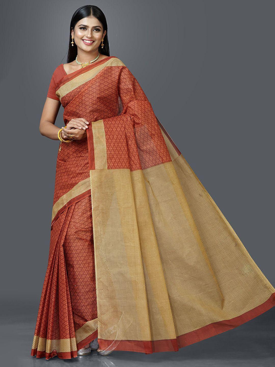 shanvika rust & beige pure cotton ready to wear block print saree