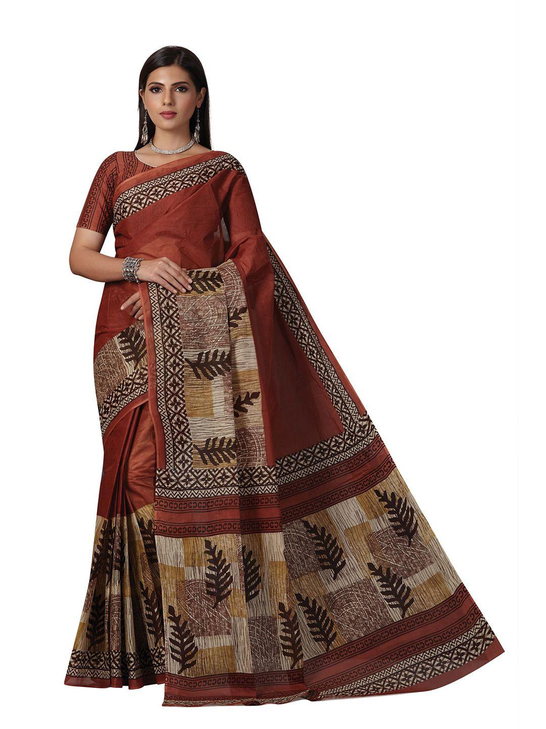 shanvika rust & brown pure cotton block print saree