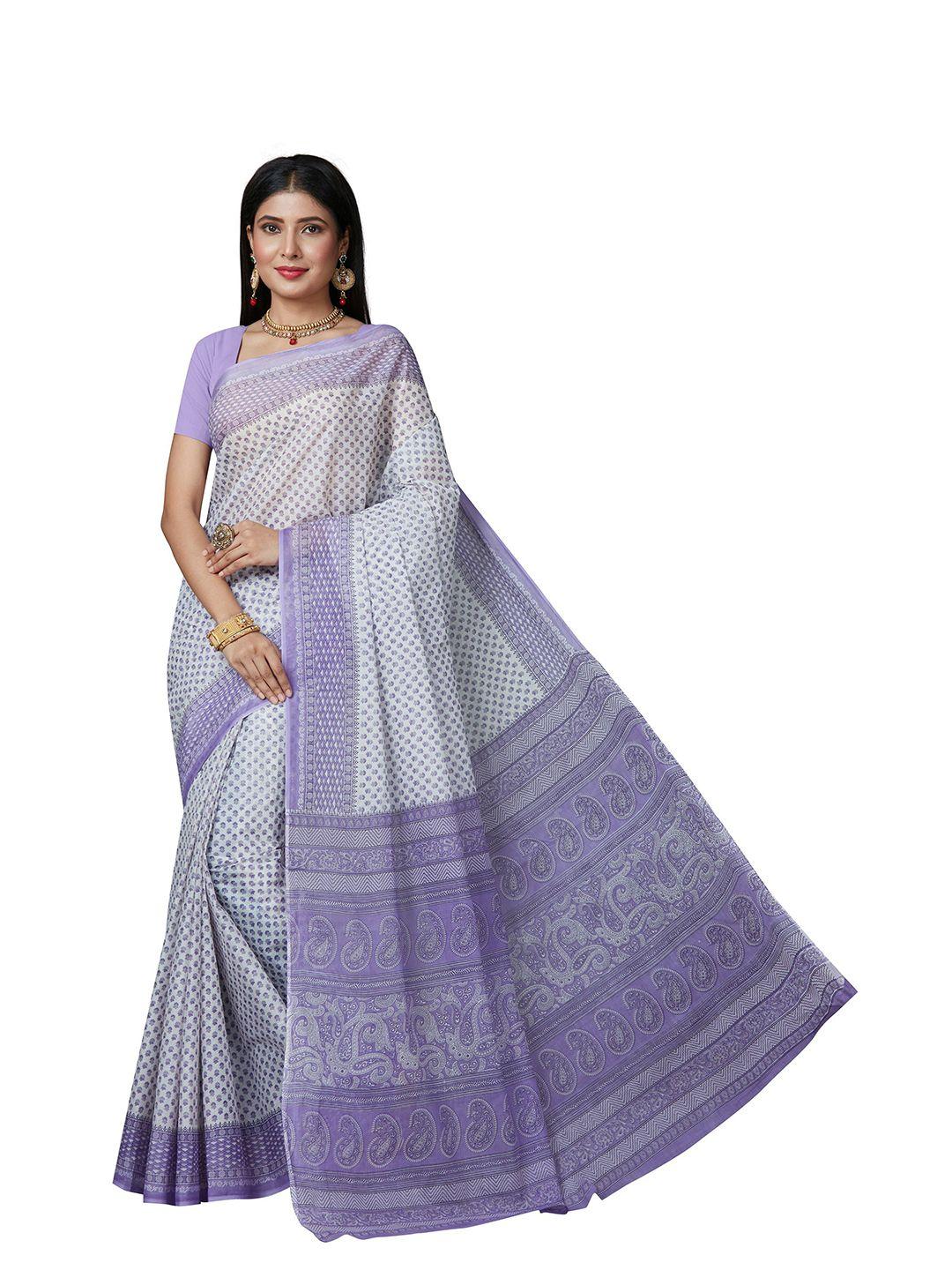 shanvika women lavender & white floral pure cotton  block print saree