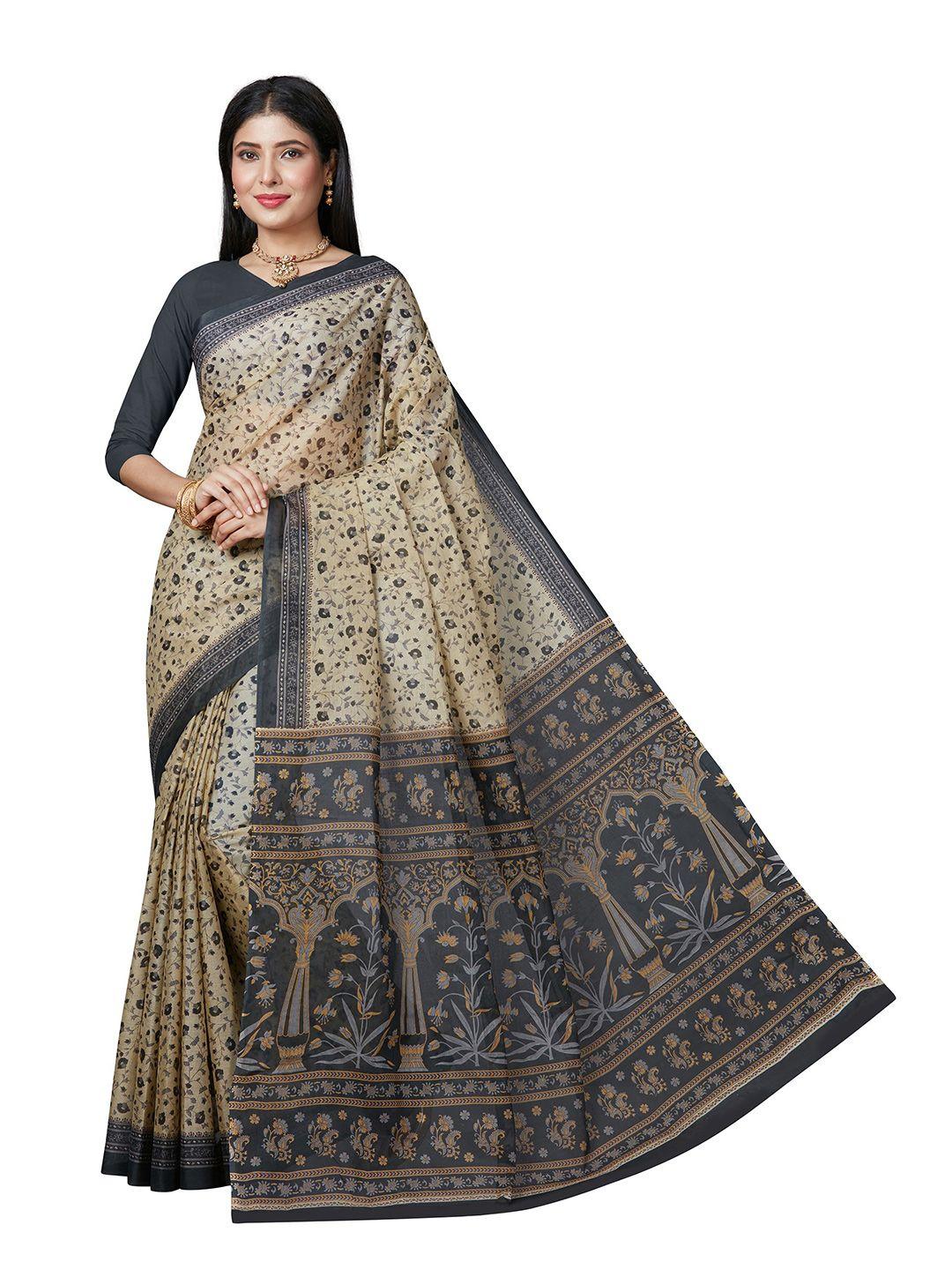 shanvika beige & charcoal floral pure cotton  block print saree