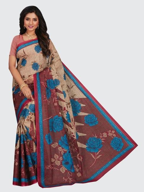 shanvika beige & maroon pure cotton floral print saree with unstitched blouse
