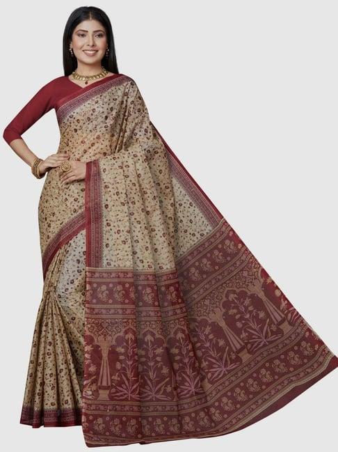 shanvika beige & maroon pure cotton floral print saree without blouse